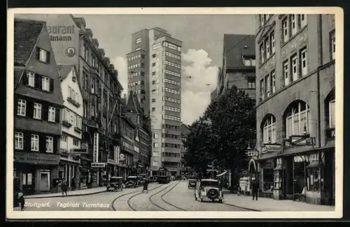 AK Stuttgart, Strassenpartie mit Tagblatt-Turmhaus, Strassenbahn