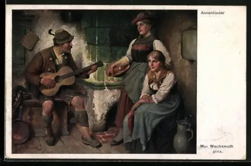 AK Der Vater spielt seiner Familie auf der Gitarre ein Lied vor