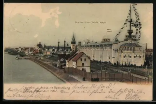 AK Düsseldorf, Gewerbe- u. Industrie-Ausstellung 1902, Bau der Fima Friedr. Krupp vom Rhein aus