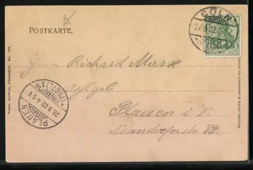 AK Düsseldorf, Gewerbe- u. Industrie-Ausstellung 1902, Bau der Fima Friedr. Krupp vom Rhein aus