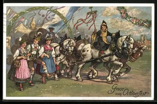 AK Gruss vom Oktoberfest, Münchner Kindl reitet auf einem Bierwagen, Bayern in Tracht