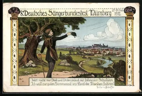Künstler-AK Nürnberg, 8. Deutsches Sängerbundesfest 1912, Sänger schaut auf den Ort