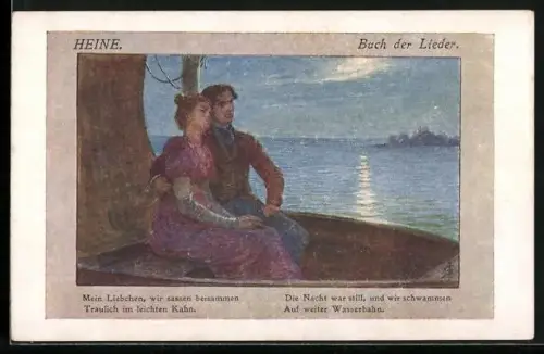 Künstler-AK Heine, Buch der Lieder, Liebespaar im Kahn, Gedicht