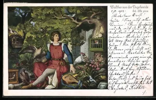 AK Walther von der Vogelweide mit seinen Vögeln und seiner Laute