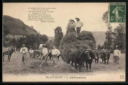 AK Le Fenaison, Bauern mit einem Ochsengespann