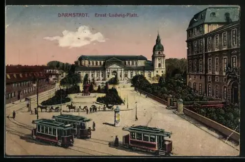 AK Darmstadt, Ernst Ludwig-Platz mit Denkmal und Strassenbahn
