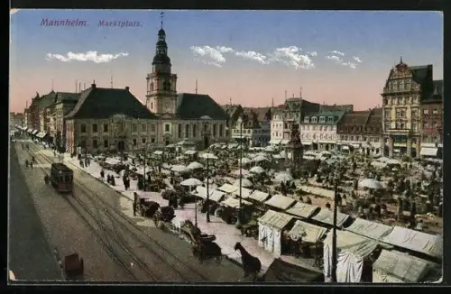 AK Mannheim, Strassenbahn am Marktplatz, Markttag