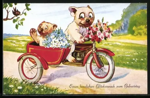 AK Wir gratulieren zum Geburtstag, Bonzo in Motorrad mit Seitenwagen