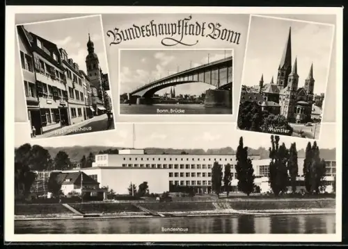 AK Bonn, Beethovenhaus, Rheinbrücke und Bundeshaus