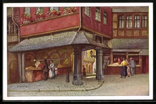 Künstler-AK B. Liebig: Frankfurt, Schirne, Geschäfte, Leute