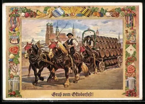 Künstler-AK München, Bierkutsche beim Oktoberfest
