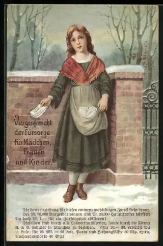 AK Vergiss nicht der Fürsorge für Mädchen, Frauen und Kinder, Mädchen verkauft Lotterielose bei Eis und Schnee