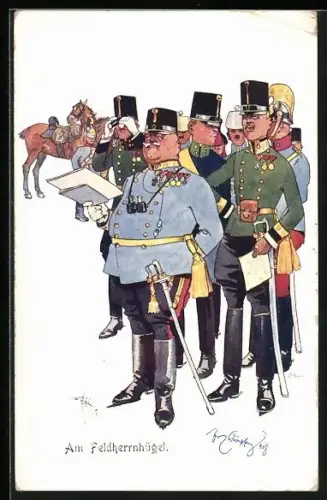 Künstler-AK Fritz Schönpflug: Offiziere stehen am Feldherrnhügel, Fernglas, Pferd
