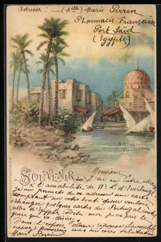 Lithographie Egypte, A l`entrée d`un village arabe