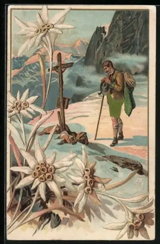 Künstler-AK E. Döcker: Bergsteiger betet an einem Gipfelkreuz, Edelweiss