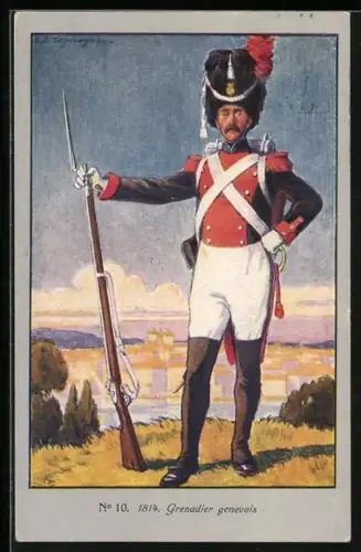 Künstler-AK Geneve, Grenadier genevois, Genfer Soldat mit Gewehr und Bajonett, 1914