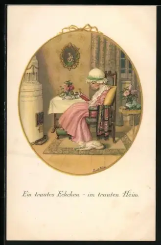 Künstler-AK Pauli Ebner: Ein trautes Eckchen im trauten Heim, junge Dame liest ein Buch