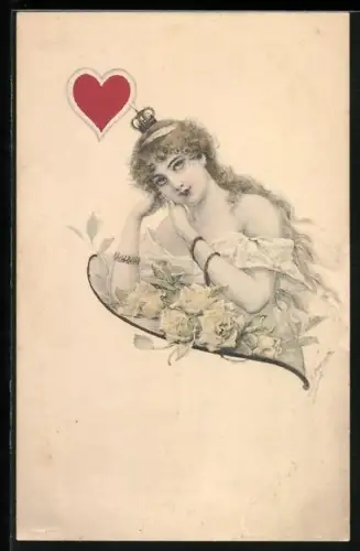 AK Herzdame mit Krone und gelben Rosen