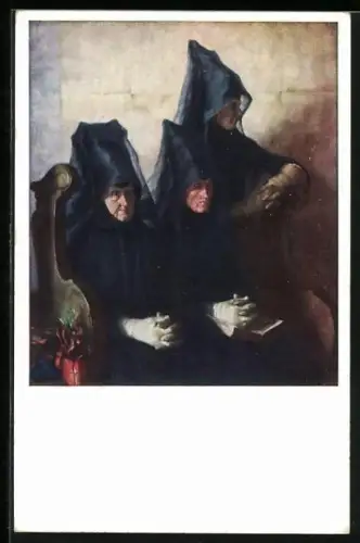 Künstler-AK Frauen in der Kirche, hessische Tracht, K. Mons