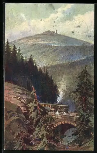 Künstler-AK Brockenhotel mit Bergbahn