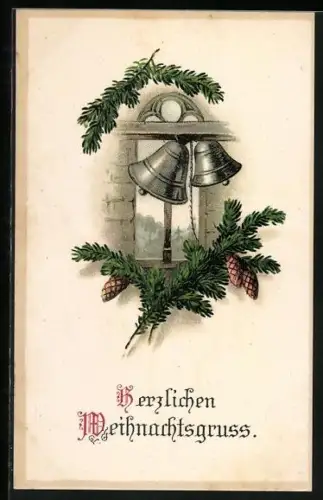 AK Glocken und Tannenzweige mit Tannenzapfen, Weihnachtsgruss