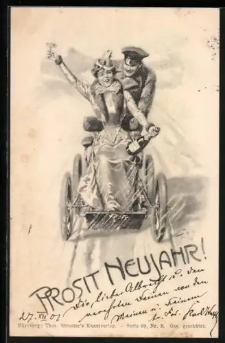 Künstler-AK Theo Zasche: Prosit Neujahr - Paar mit Sekt im Auto