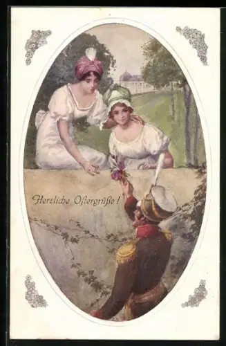 Künstler-AK Brüder Kohn (B.K.W.I): Soldat schenkt Frau eine Blume, Ostergruss