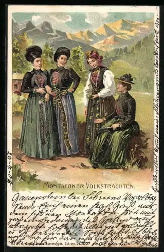 Lithographie Junge Frauen in Montafoner Volkstracht