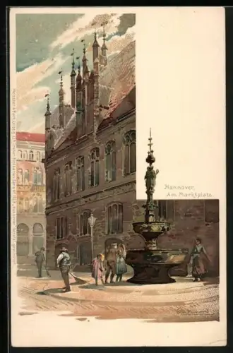 Künstler-Lithographie Otto Hammel: Hannover, Am Marktplatz
