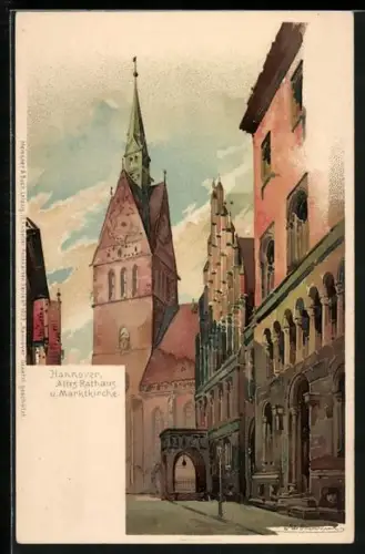 Künstler-AK Otto Hammel: Hannover, Altstadtpartie mit Marktkirche und altem Rathaus