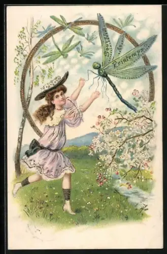 AK Mädchen im Kleid rennt über eine Wiese, ein Schwarm Libellen