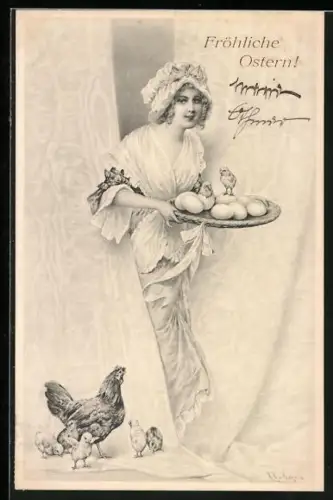 Künstler-AK Wichera: Frau mit Haube trägt Tablett mit Eiern und Küken, Henne