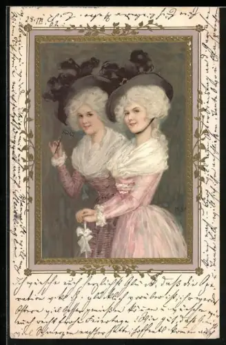 Künstler-AK Junge Frauen in rosafarbenen Kleidern mit schwarzen Hüten, Darstellung im Jugendstil, goldener Rahmen