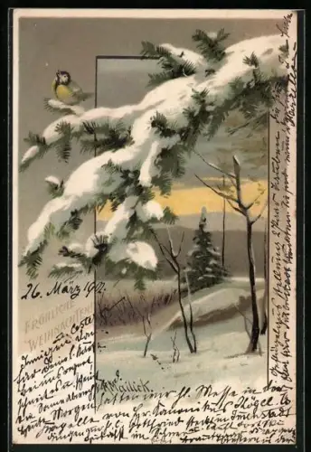 Künstler-AK Alfred Mailick: Landschaft mit Vogel im Winter, Weihnachtsgruss