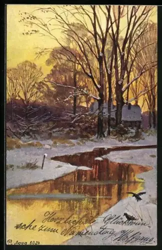 Künstler-AK Splitgerber: Abendstimmung an einer Bachpartie im Winter