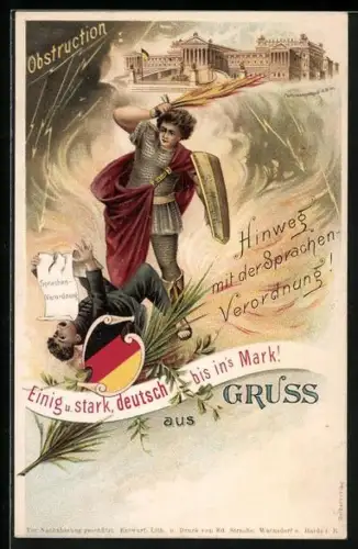 Lithographie Hinweg mit der Sprachenverordnung!, St. Michael mit flammendem Schwert, Parlamentsgebäude in Wien
