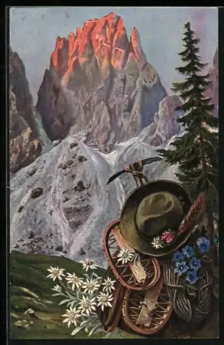 AK Fünffingerspitze vom Sellajoch, Bergsteigerausrüstung