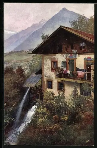 AK Schönna b. Meran, Ortspartie mit Haus und Wassermühle