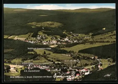 AK Bayer. Eisenstein, Teilansicht mit Böhmisch Eisenstein, Bayerisch-Tschechischer Grenze und Grenzübergang