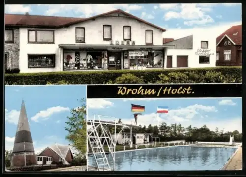 AK Wrohm /Holst., Edeka-Geschäft, Schwimmbad, Kirche