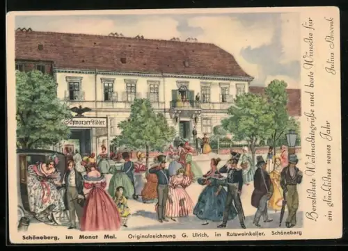 Lithographie Schöneberg, Restaurant Schwarzer Adler, Festgesellschaft im Monat Mai