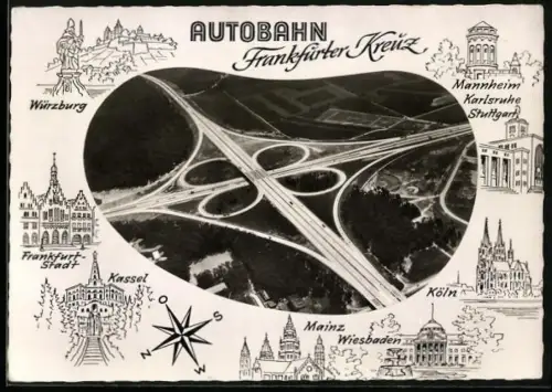 AK Autobahn, Fliegeraufnahme vom Frankfurter Kreuz