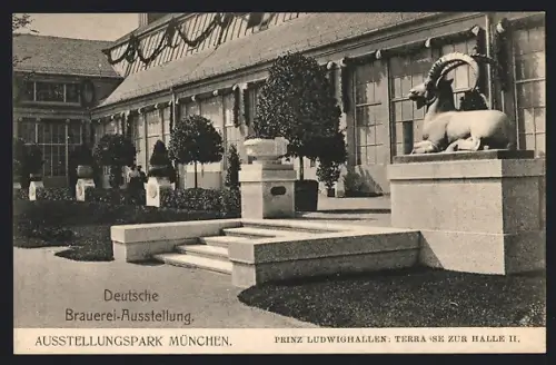 AK München, Deutsche Brauerei-Ausstellung, Prinz Ludwighalln, Terrassen zur Halle 2