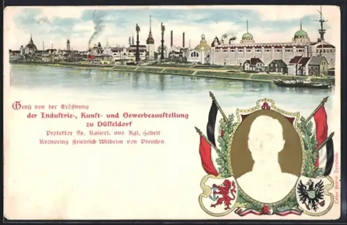 Lithographie Düsseldorf, Industrie-, Kunst- und Gewerbeausstellung, Porträt Kronprinz Friedrich Wilhelm