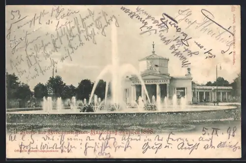 AK München, 11. Kraft- und Arbeitsmaschinen-Ausstellung 1898, Springbrunnen vor dem Restaurant