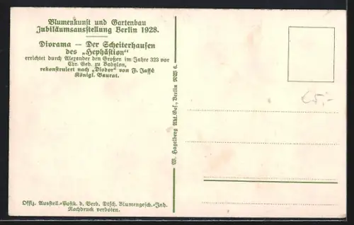 AK Berlin, Blumenkunst u. Gartenbau Jubiläums-Ausstellung 1928, Diorama Der Scheiterhaufen des Hephaistion