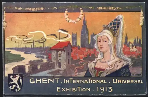 Künstler-AK Gand, Exposition Universelle & Internationale 1913, Dame vor der Stadt