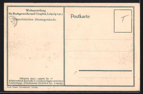 AK Leipzig, Weltausstellung und Graphik 1914, Französisches Staatsgebäude