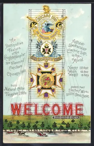 Künstler-AK Chicago, 31st Triennial Conclave 1910, Highest Spectacular Electric Sign