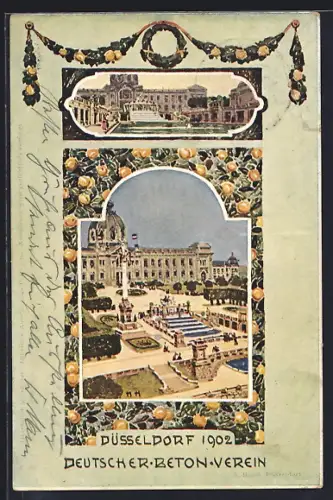 Lithographie Düsseldorf, Ausstellung 1902, Deutscher Beton-Verein, Ausstellungsgebäude mit Denkmal